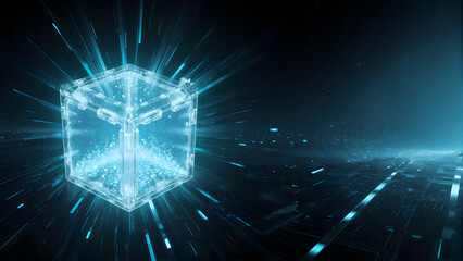 Fototapeta premium Glowing data vault cube hovering in dark cyberspace with blue light 