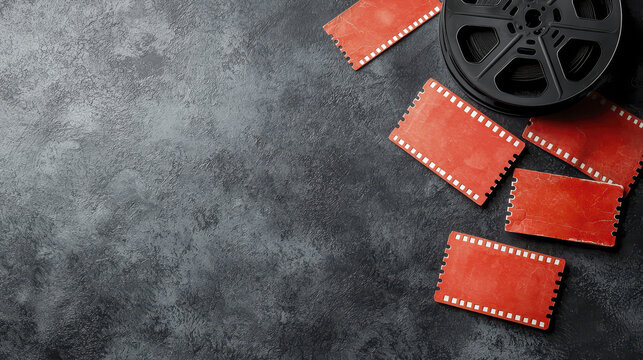 Retro film reel and cinema tickets on textured surface evoke nostalgia and excitement for movie lovers - Powered by Adobe