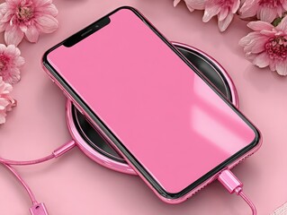 Pink smartphone charging on wireless pad surrounded by flowers  