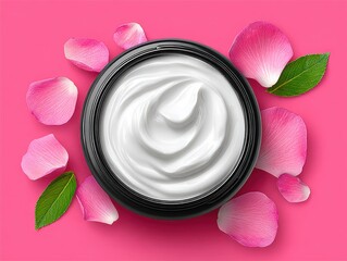 Moisturizing cream in black jar surrounded by pink rose petals  