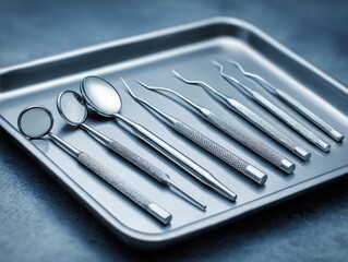 Dental tools arranged on stainless steel tray  