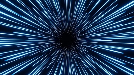 Abstract digital tunnel with bright blue light streaks converging to a dark center