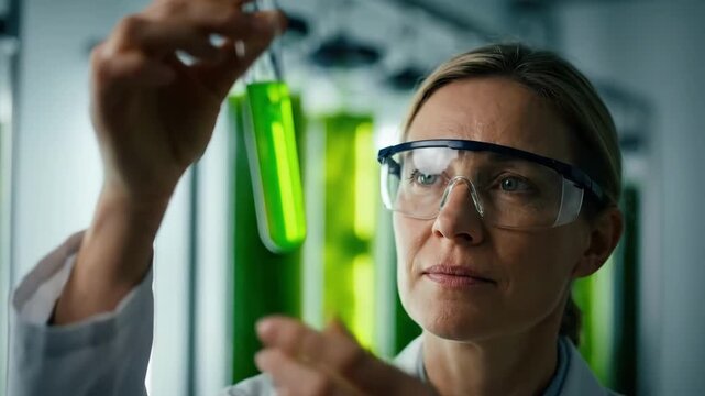 Algae biofuel scientist examining a test tube of green microalgae culture, working on sustainable energy and biotechnology in a modern photobioreactor facility