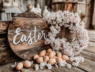 Easter wreath with wooden sign and eggs on rustic background  