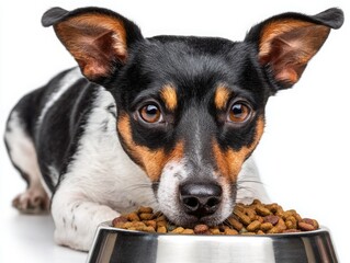Dog lying beside metal bowl filled with dry food on white background  