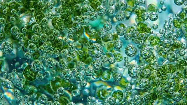 Algae biofuel production, lush green microalgae cells generating bright oxygen bubbles under extreme magnification, biotechnology concept.