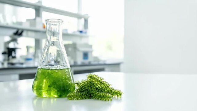 Algae biofuel research, green microalgae culture observed in a clear conical flask, symbolizing sustainable biotechnology development, bright modern laboratory setting.