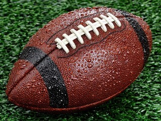 Wet football on grass field with water droplets closeup  