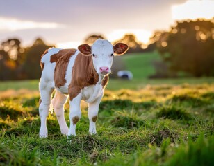 Adorable baby cow standing in a lush green field with soft golden sunlight