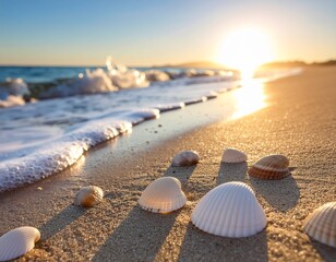 Seashells on sandy beach at sunset with waves gently washing over