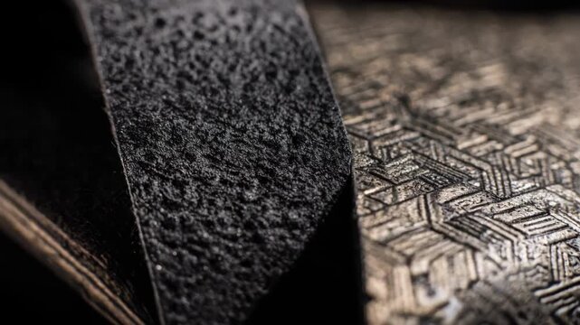 Medium shot of leather embossed through heat press focusing on the texture contrast and the technological approach to decorative pattern creation.