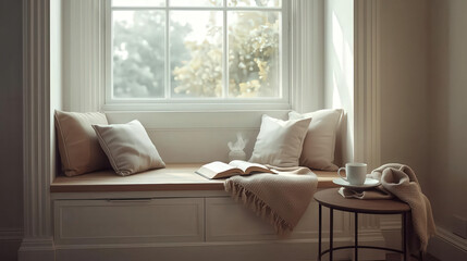 Young woman relaxing comfortably on a luxury sofa in a contemporary living room interior with a window and lamp