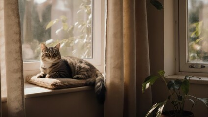 Tabby cat resting on a cushion by a sunlit window, enjoying the warmth and view.