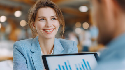 Smiling businesswoman reviewing data visualization with a colleague