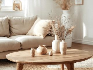 Modern living room interior design with comfortable sofa, furniture, and contemporary home decor