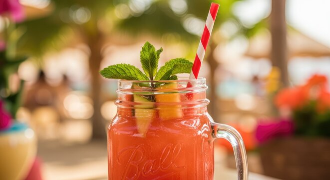 Refreshing fruit drink in a mason jar at a beachside bar