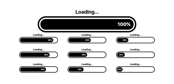 Loading progress bar UI set with percentage indicators ranging from 10% to 100% &ndash; modern interface loading design, vector editable