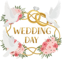 Romantic Wedding Day Vector Wreath With Rings And Roses Floral