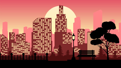 Cityscape illustration with city park and skyline buildings