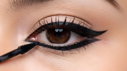 Close up of a woman applying black winged eyeliner