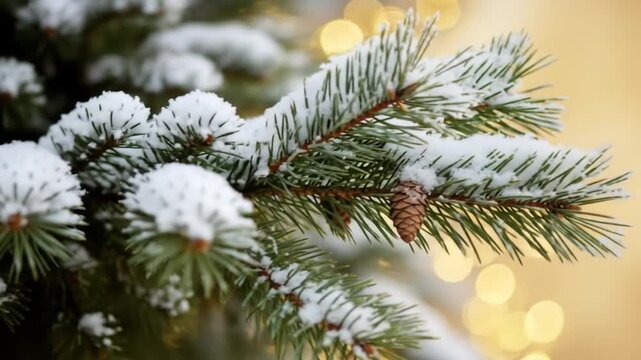Decorating Christmas Tree Branches with Snow and Warm Lights