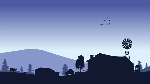 Countryside landscape illustration with farmhouse and rural scene