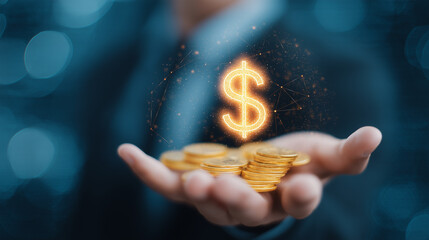 Financial growth concept with digital dollar symbol over golden coins