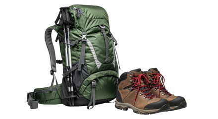 Green backpack with hiking poles and brown boots trekking