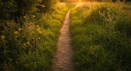 Fototapeta premium Sunset Path Through Lush Green Field
