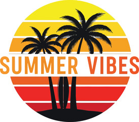 Sunset Summer Vibes Vector Icon With Palm Silhouette And Sea