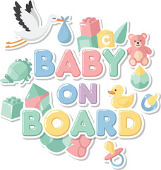 Sweet Baby On Board Vector Illustration With Stork And Flowers