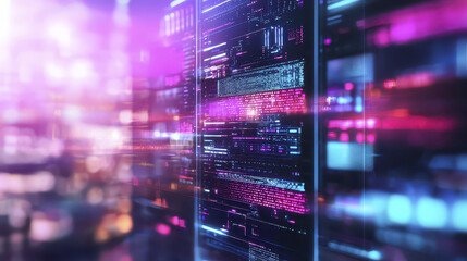 Vibrant cybersecurity setup glowing with digital data streams and colorful lights, creating futuristic atmosphere