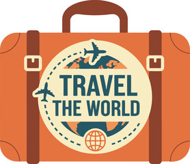 Vintage Travel The World Suitcase Vector Badge With Globe Map
