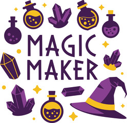Whimsical Magic Maker Purple Vector Badge With Witch Hat Potion