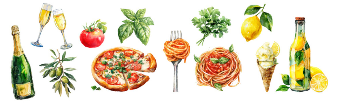 Italian food set with lemon, Amalfi coast vibes. Mediterranean summer essentials: pasta, wine, ice cream. Watercolor illustration perfect for Italy travel designs.