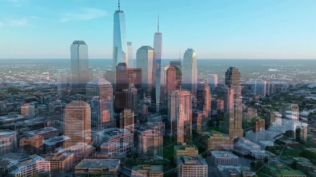 City streets disappearing into haze with slow drone flight over narrow effect city skyline style featuring city, skyline, drones,