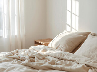 Comfortable, luxury double bed in a modern hotel room interior with soft pillows, blanket, and lamp