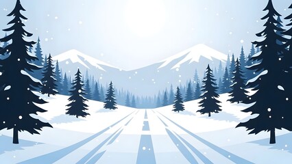 Winter road through snowy forest towards distant mountain peaks