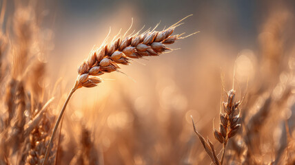 A golden wheat ear against a blurred background, capturing the essence of the harvest season. The sunlight illuminates the textures and details of the wheat.