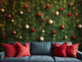 Christmas decor and gifts near a comfortable leather sofa in a contemporary living room interior