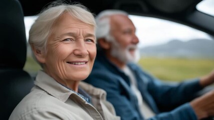 Joyful senior couple driving an electric car through countryside roads surrounded by green fields, representing eco-friendly transportation, independence in aging, and modern senior lifestyle