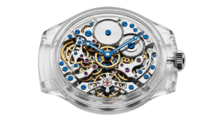 Transparent watch with visible intricate gears and blue accents
