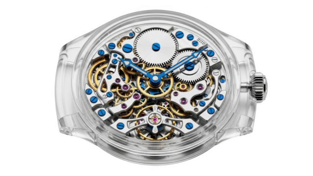 Transparent watch with visible intricate gears and blue accents - Powered by Adobe