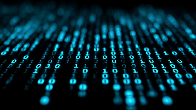 Glowing blue binary code streams downward in a dark digital space representing data flow and technology