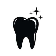 Black tooth icon with sparkling stars dental clean 1