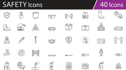 Black line vector icons set illustrating personal protective equipment, hygiene, emergency response, and workplace safety, ideal for health awareness, industrial safety, medical protocols