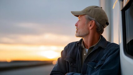 Veteran truck driver watching the sunset from the side of the highway, his semi silhouetted against the sky — a symbolic, poetic composition expressing freedom, perseverance, and the unspoken pride