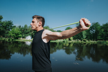 A man uses a green resistance band outdoors near a calm lake in a natural park. He is engaging in fitness training under a clear blue sky, promoting health and lifestyle balance.