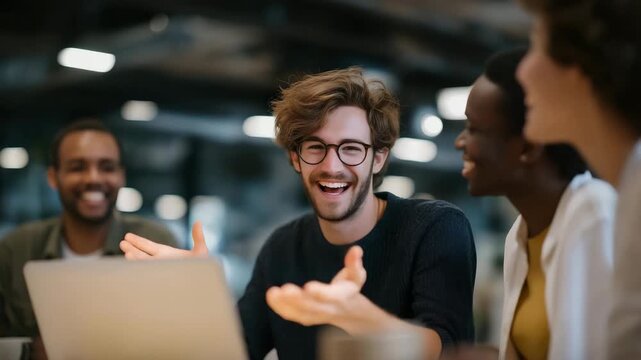 Team gathered around the new hire&rsquo;s desk with laughter, coffee mugs, and open laptops &mdash; authentic workplace camaraderie, communication, and teamwork, showcasing a company that values collaboration