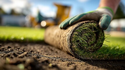 Rouleau de gazon synth&eacute;tique d&eacute;roul&eacute; sur terrain pr&eacute;par&eacute; pour am&eacute;nagement